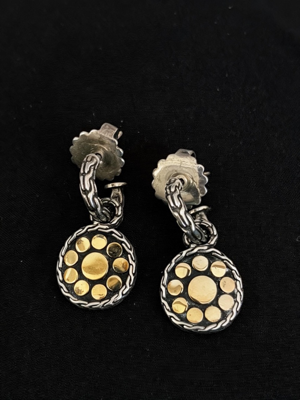 Gorgeous John Hardy Two-Tone Drop Earrings Gold/Silver Dot Collection